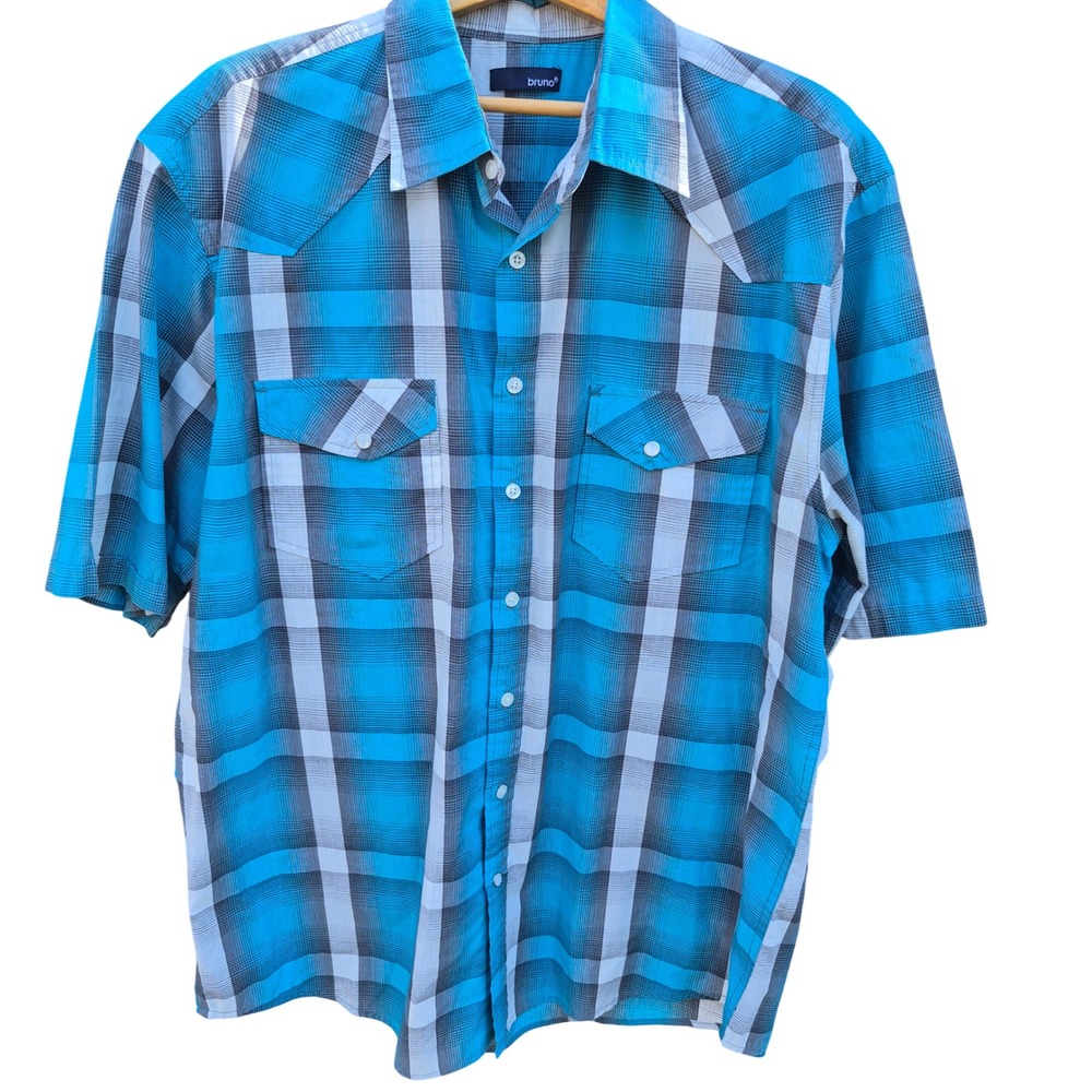 Bruno Mens Blue Plaid Pearl Snap Western Shirt XLT Short Sleeve Button Up